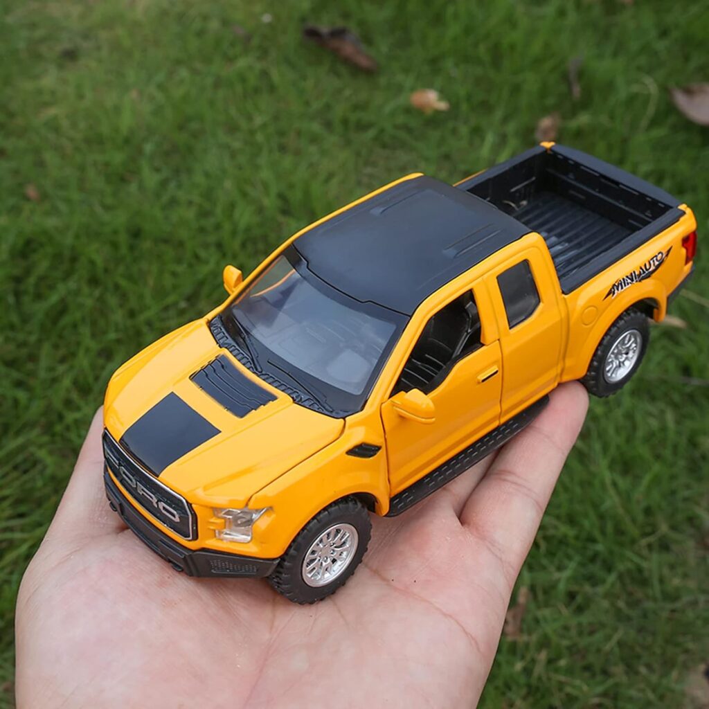 SASBSC F150 Pickup Truck Toys for Boys Age 3-8 Raptor Toy Trucks for Boy Ages 4-7 Diecast Metal Model Truck with Light and Sound Pull Back Toy Cars Gifts for 3+ Year Old Kids (Yellow)