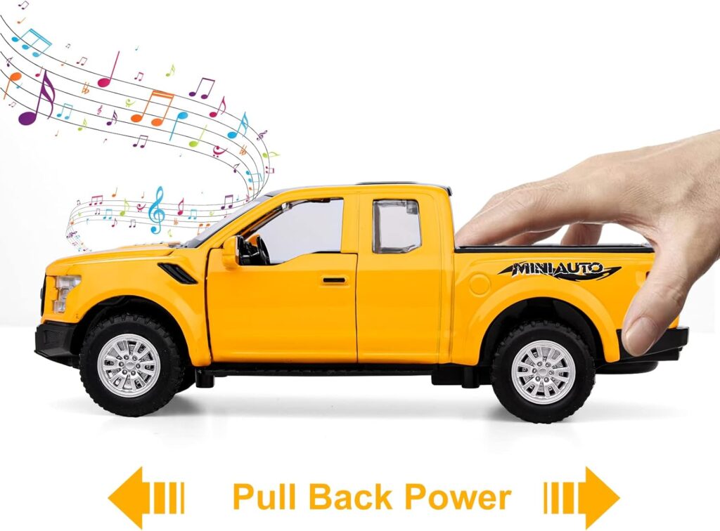 SASBSC F150 Pickup Truck Toys for Boys Age 3-8 Raptor Toy Trucks for Boy Ages 4-7 Diecast Metal Model Truck with Light and Sound Pull Back Toy Cars Gifts for 3+ Year Old Kids (Yellow)