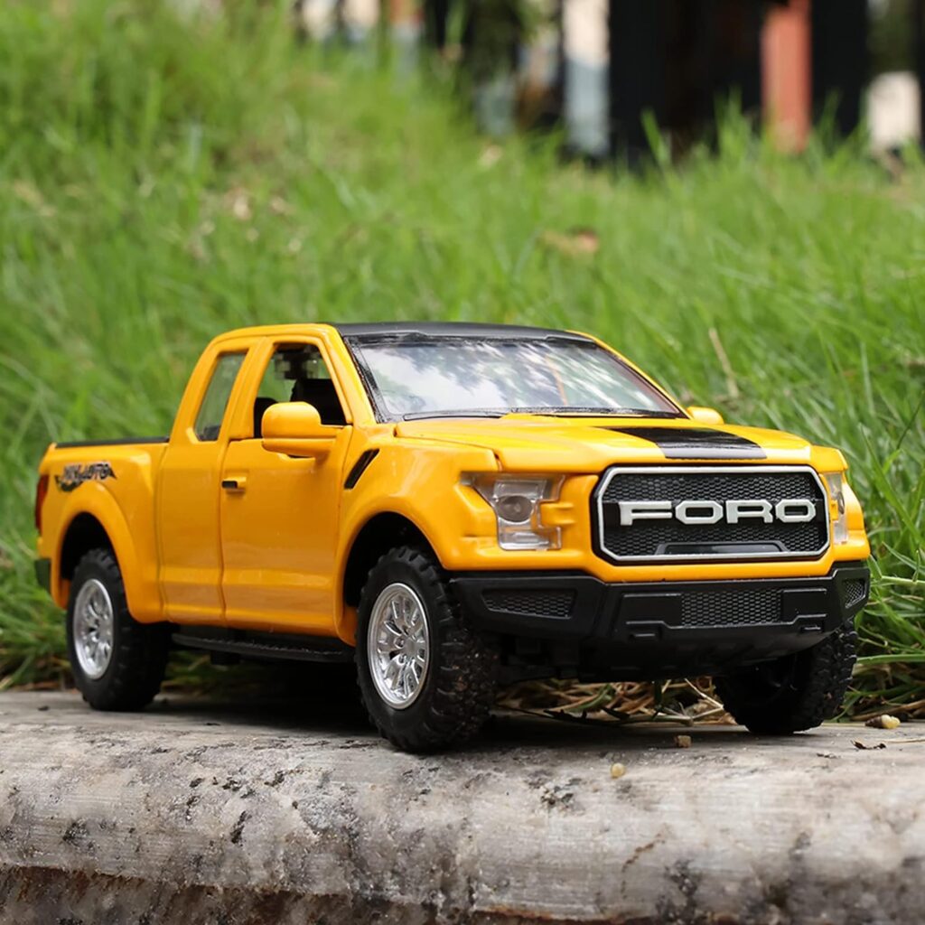 SASBSC F150 Pickup Truck Toys for Boys Age 3-8 Raptor Toy Trucks for Boy Ages 4-7 Diecast Metal Model Truck with Light and Sound Pull Back Toy Cars Gifts for 3+ Year Old Kids (Yellow)